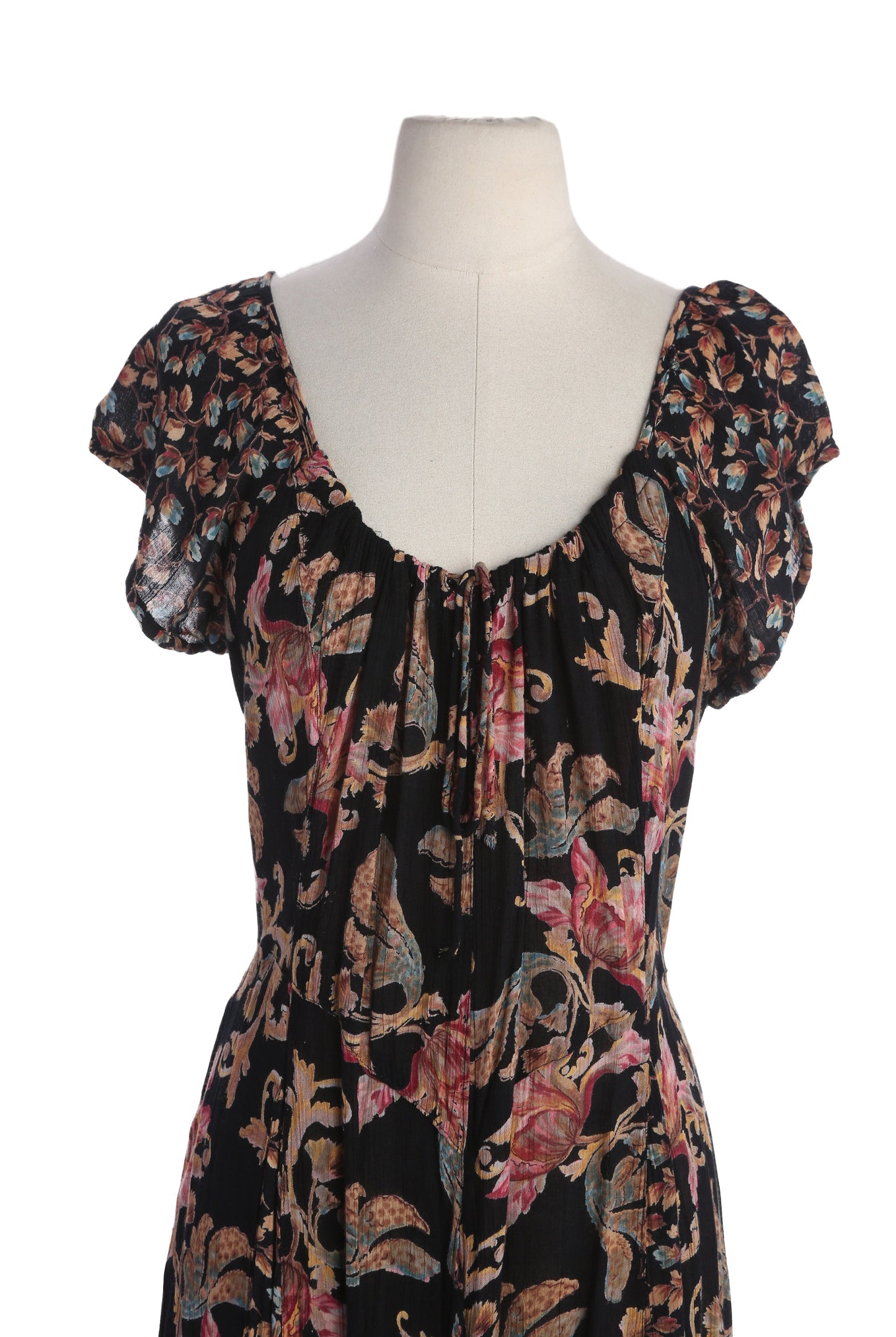 90s Floral Print Black Rayon Short sleeve Summer Dress