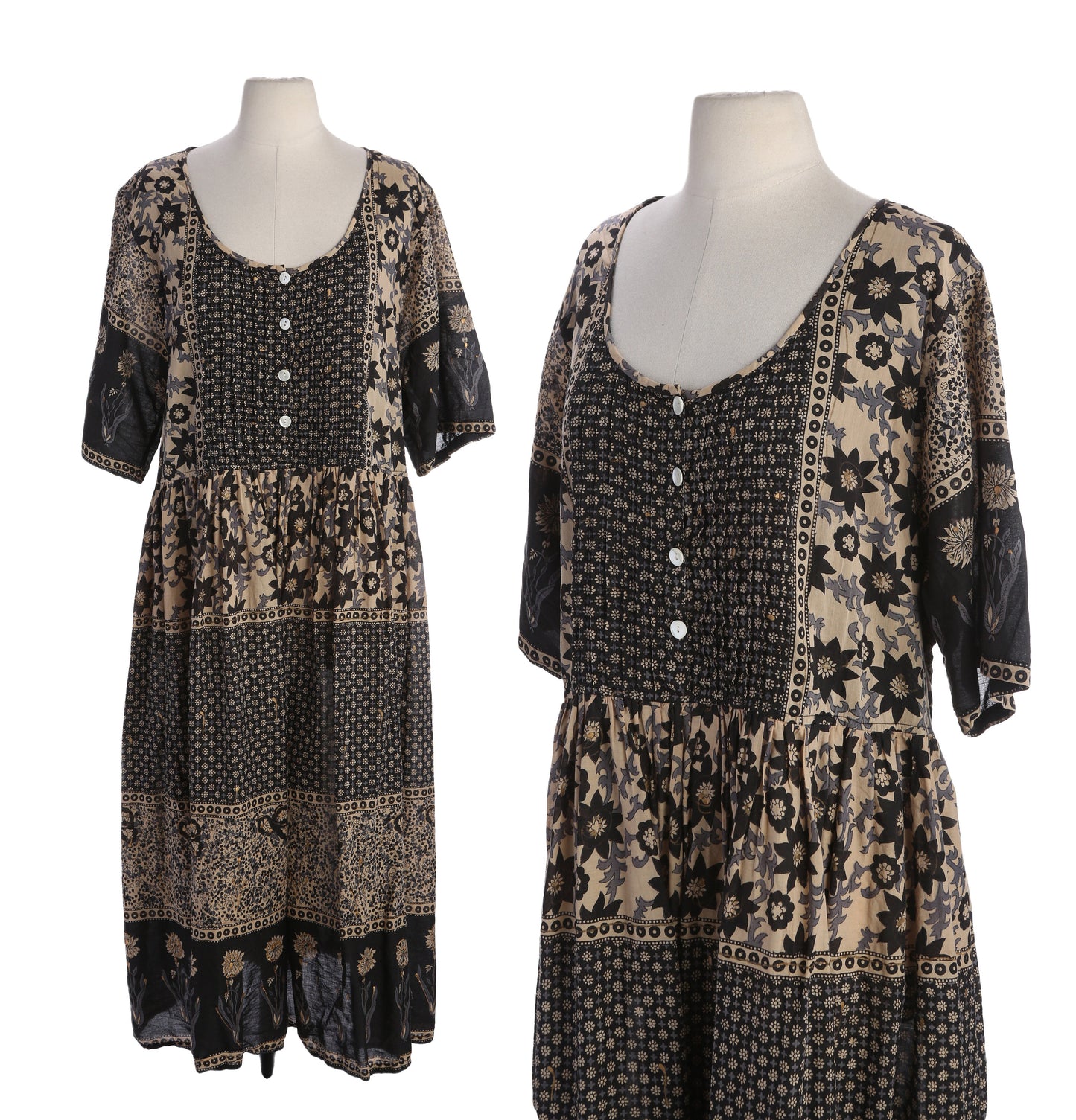 90s Women Black Floral Print Mumu Short Sleeve Dress by La Cera - Made in India