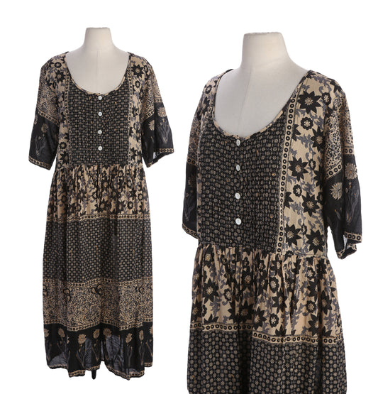 90s Women Black Floral Print Mumu Short Sleeve Dress by La Cera - Made in India