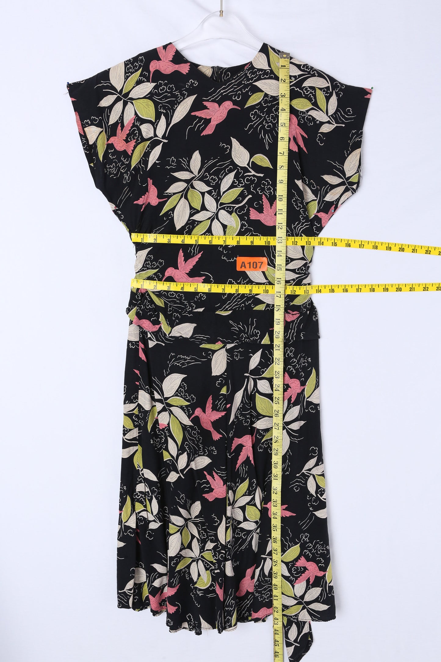 90s Women Bird and Plants Print Black Casual Dress - 1940s Style and Design