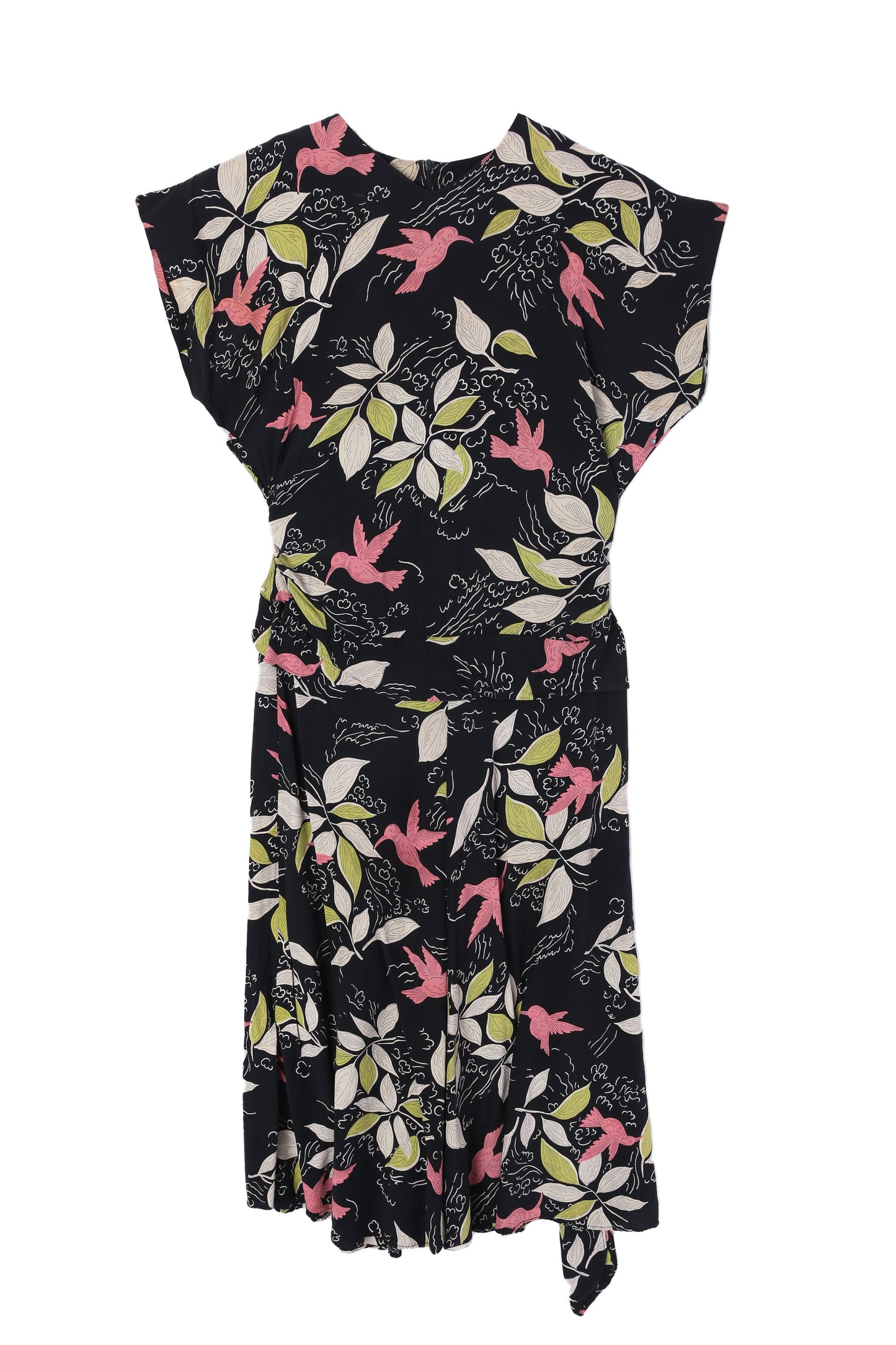 90s Women Bird and Plants Print Black Casual Dress - 1940s Style and Design