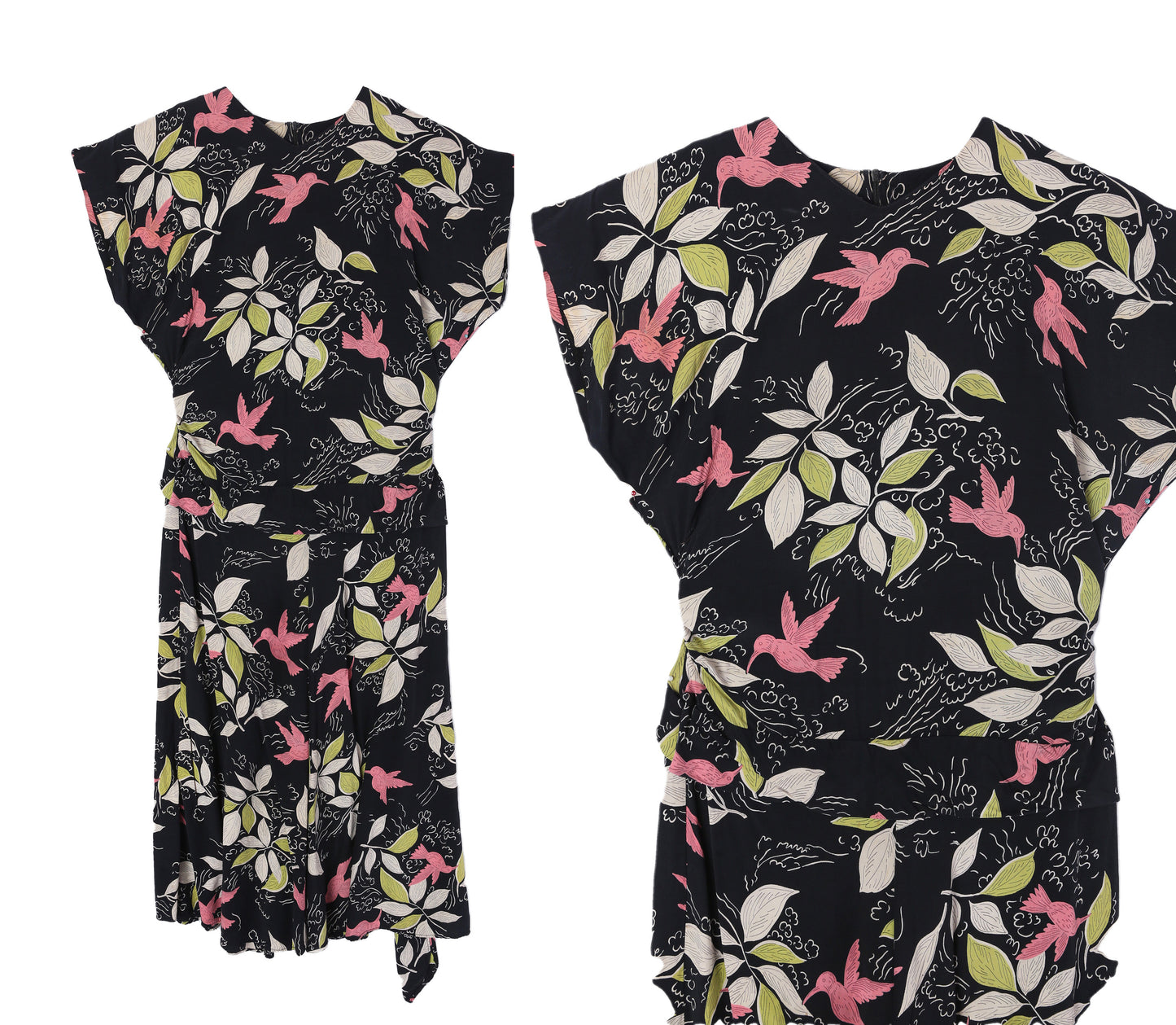 90s Women Bird and Plants Print Black Casual Dress - 1940s Style and Design