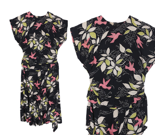 90s Women Bird and Plants Print Black Casual Dress - 1940s Style and Design