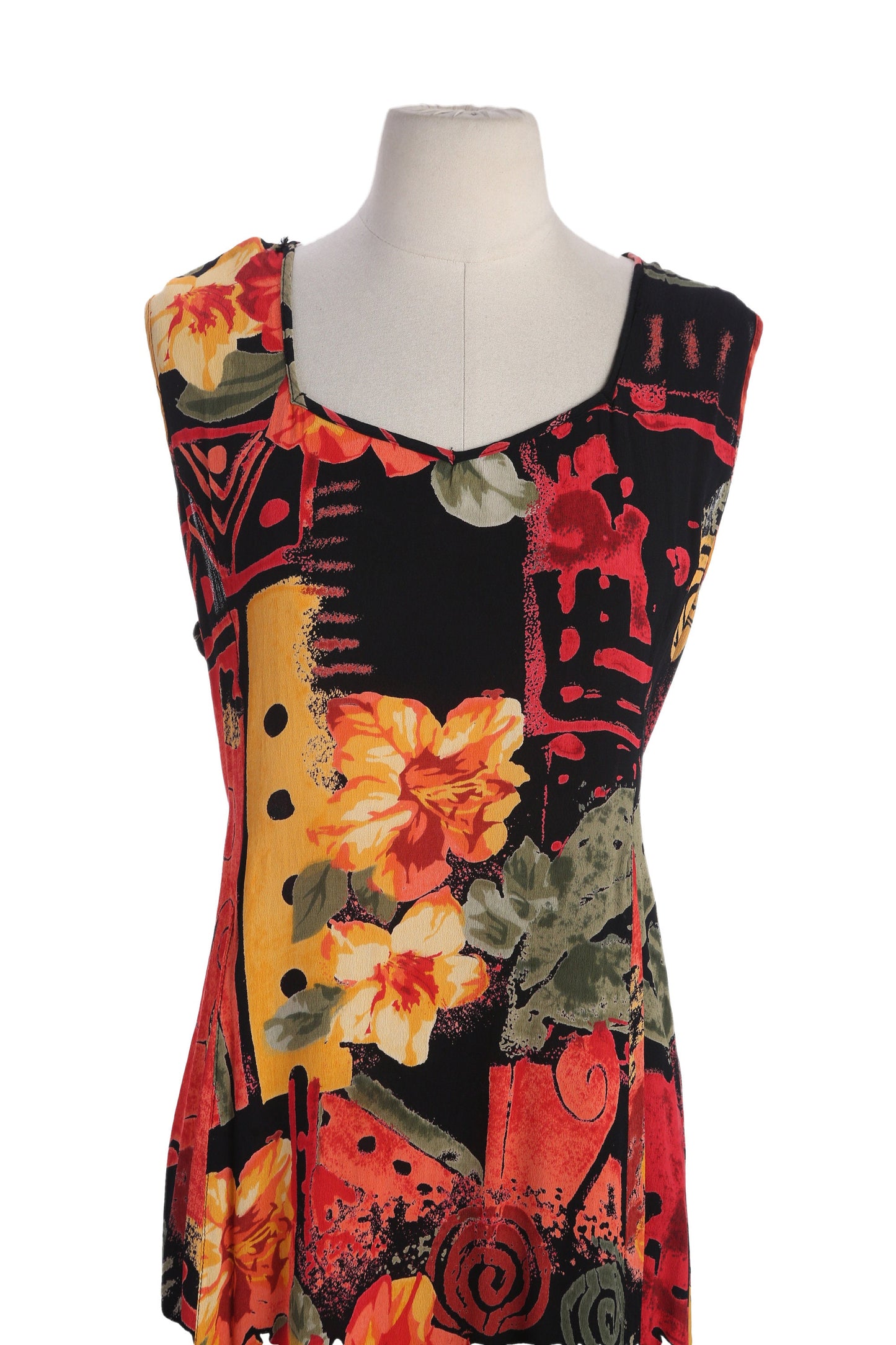 90s Women Red Floral Print Long Black Summer Dress by Lola P. - Made in India