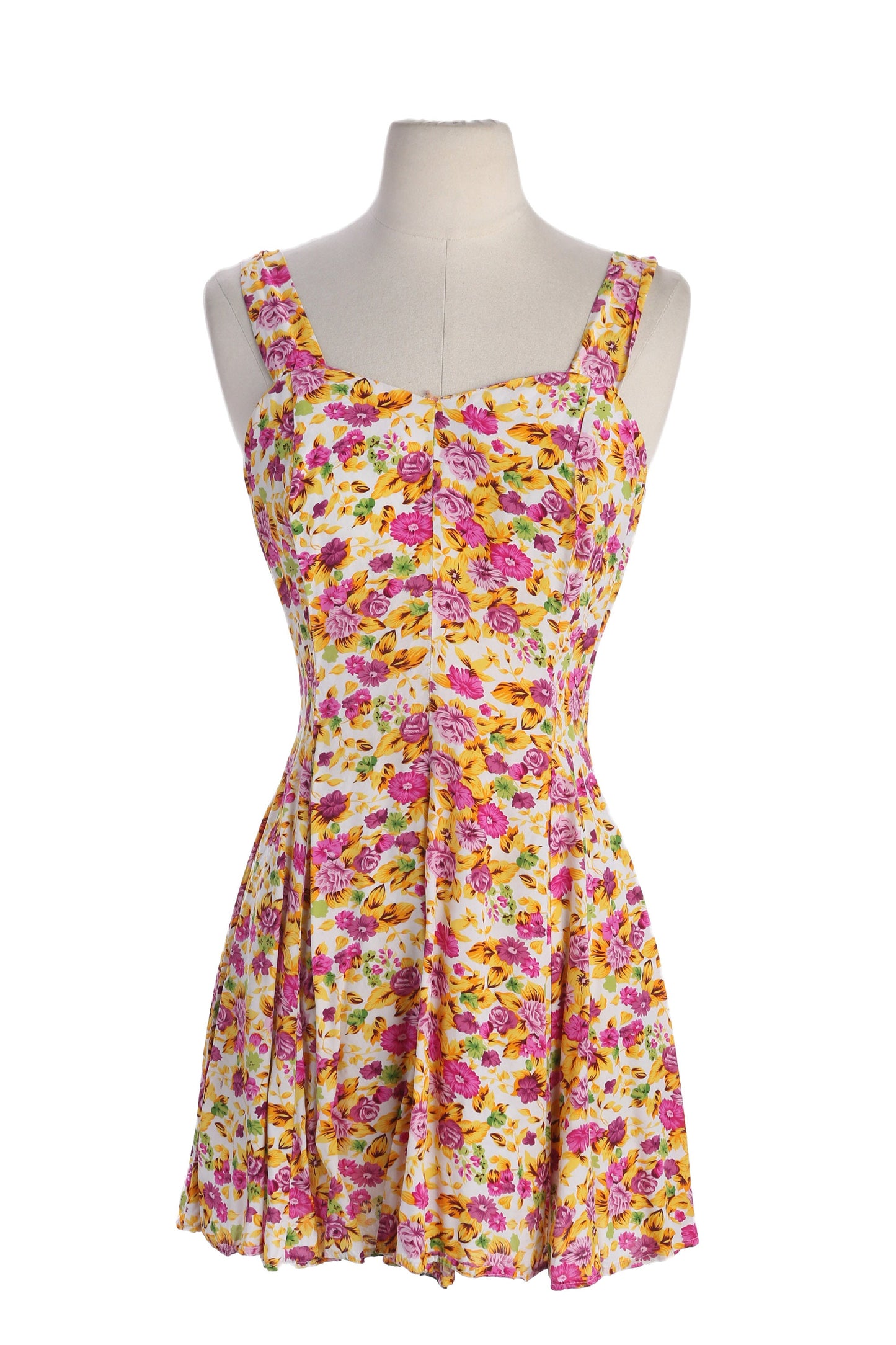 90s Women White Floral Print Sleeveless Summer Dress
