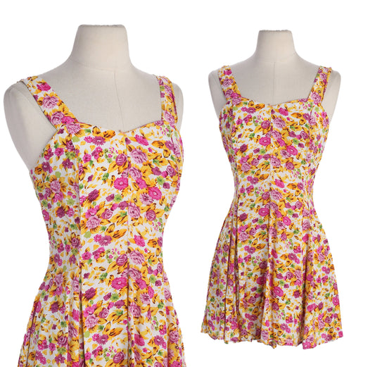 90s Women White Floral Print Sleeveless Summer Dress