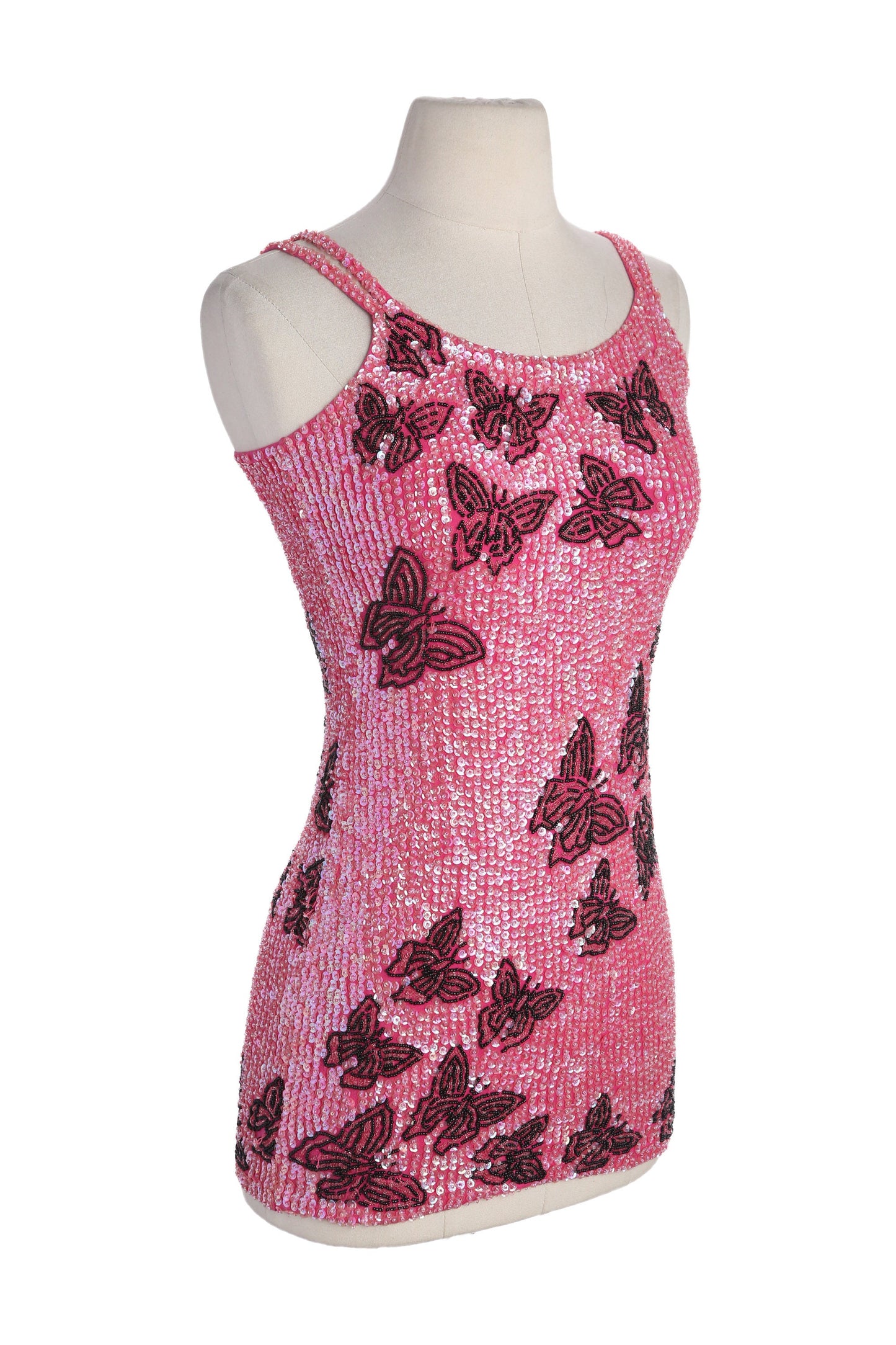 Women Pink Sequin Dress with Butterfly Designs by Little Attitudes - Estimated Era 1980's - 1990's