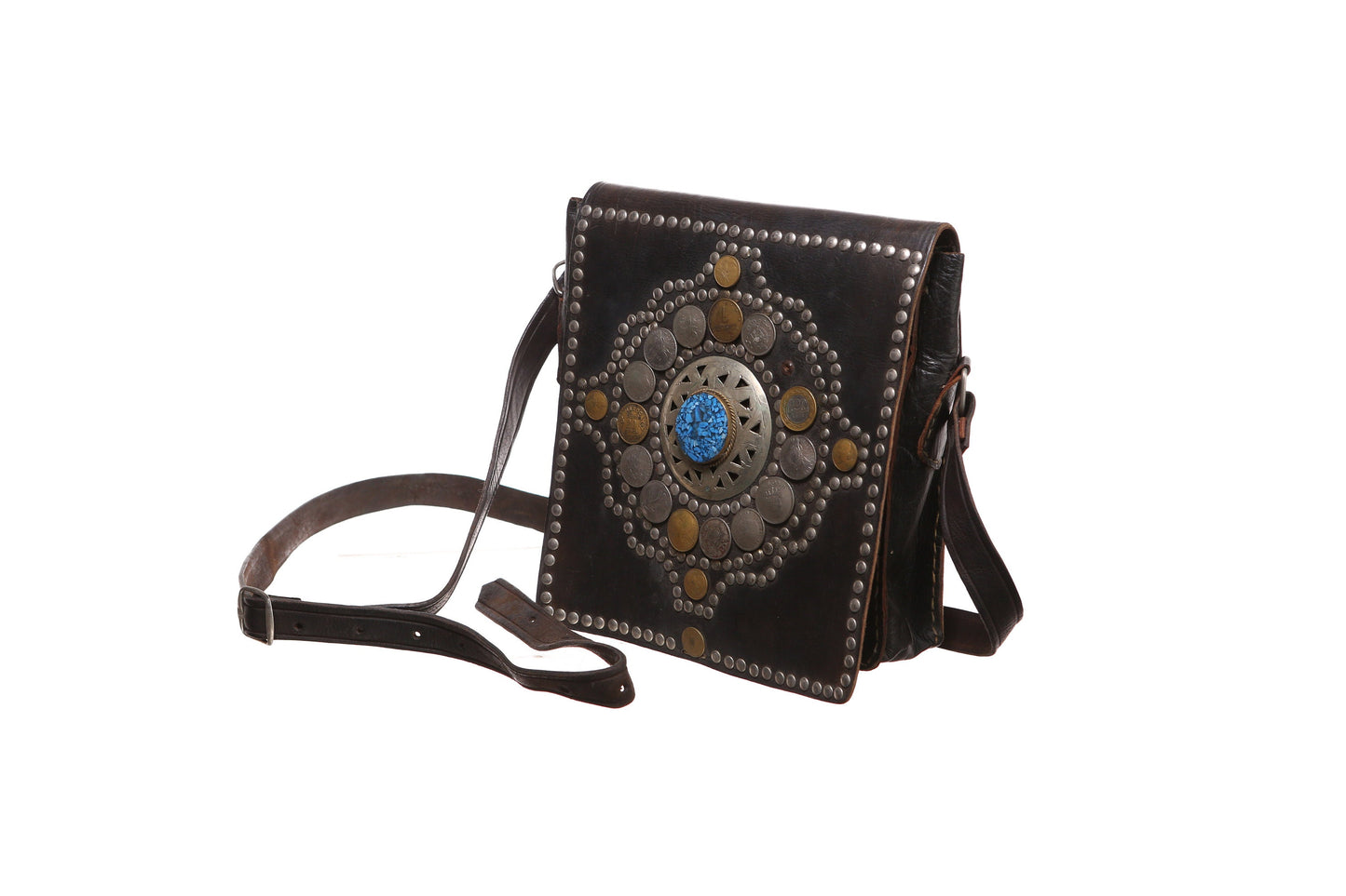 Vintage Leather Bag with Maroc Franc Studded Coins - Est Era 1970's - 1980's