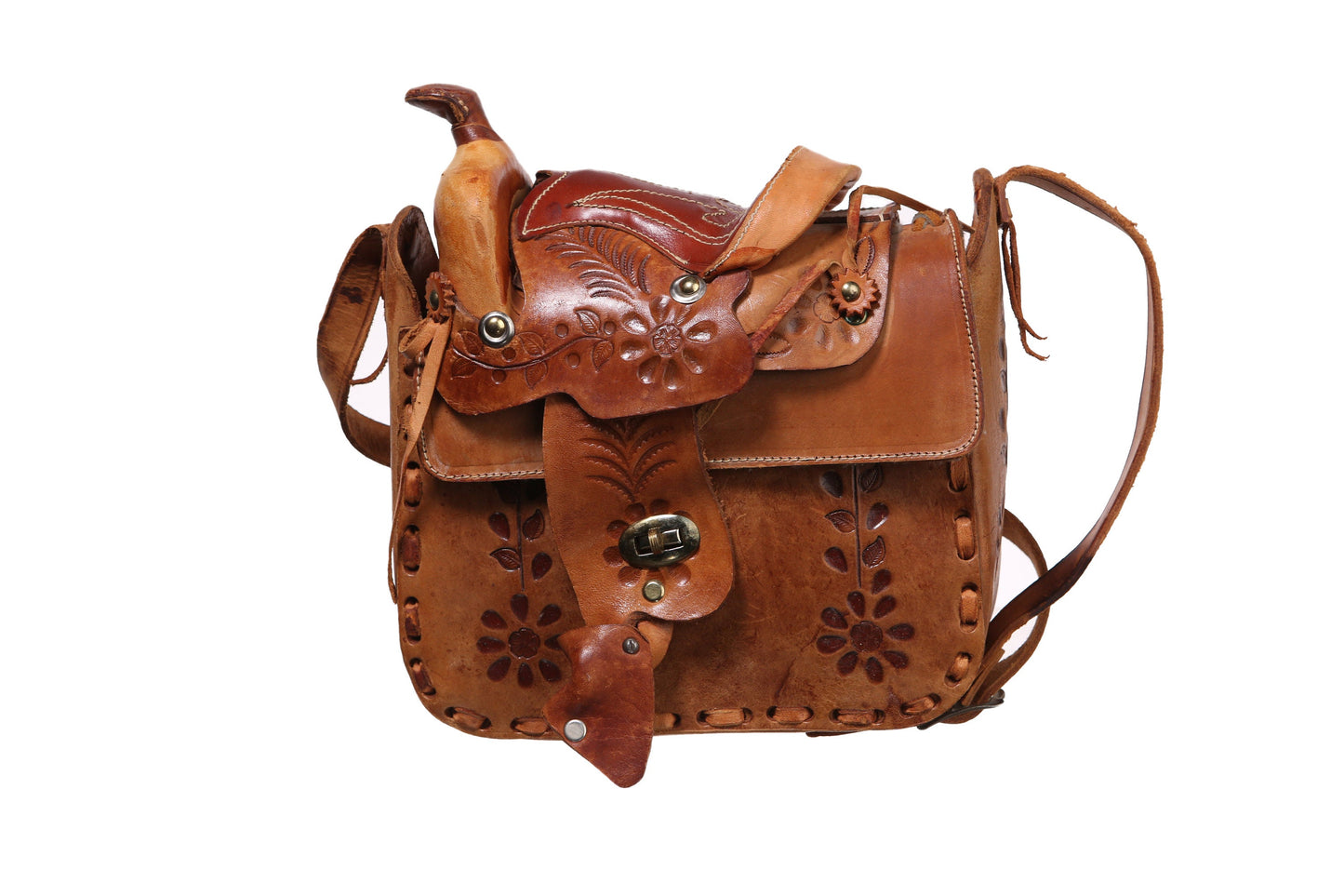 Vintage Tooled Leather Bag with Horse Saddle Design - Est Era 1970's - 1980's