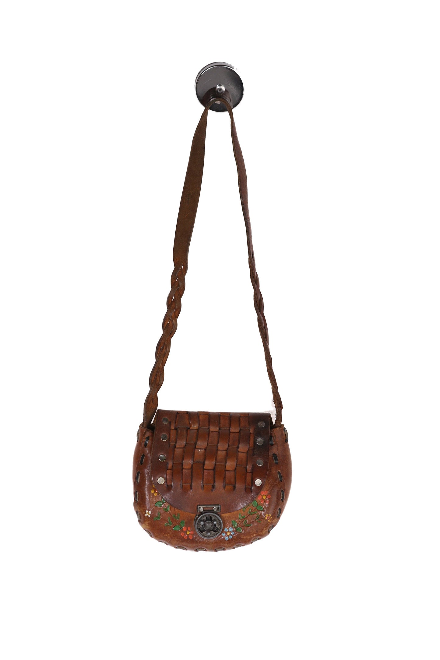 Vintage 70s Tooled Leather Bag with Floral Designs