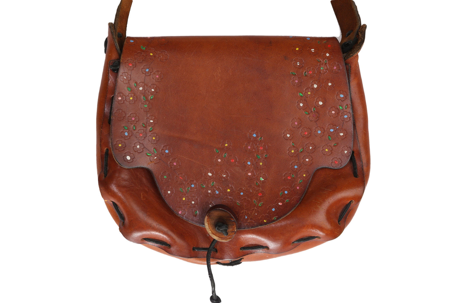 Vintage Tooled Leather Bag with Floral Designs - Est Era 1970's - 1980's