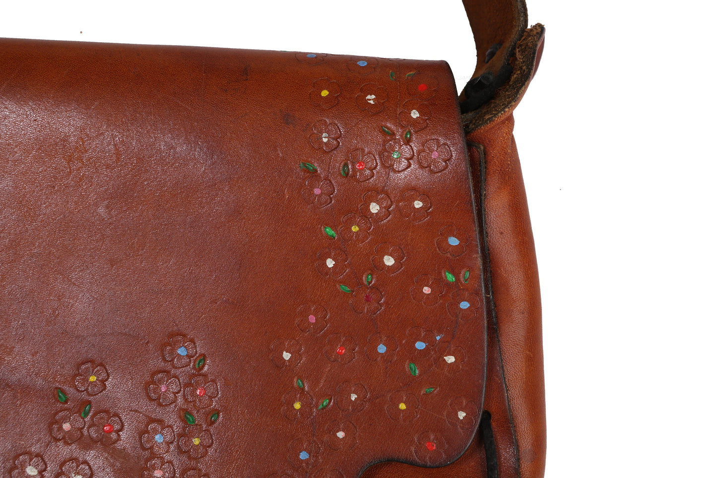 Vintage Tooled Leather Bag with Floral Designs - Est Era 1970's - 1980's