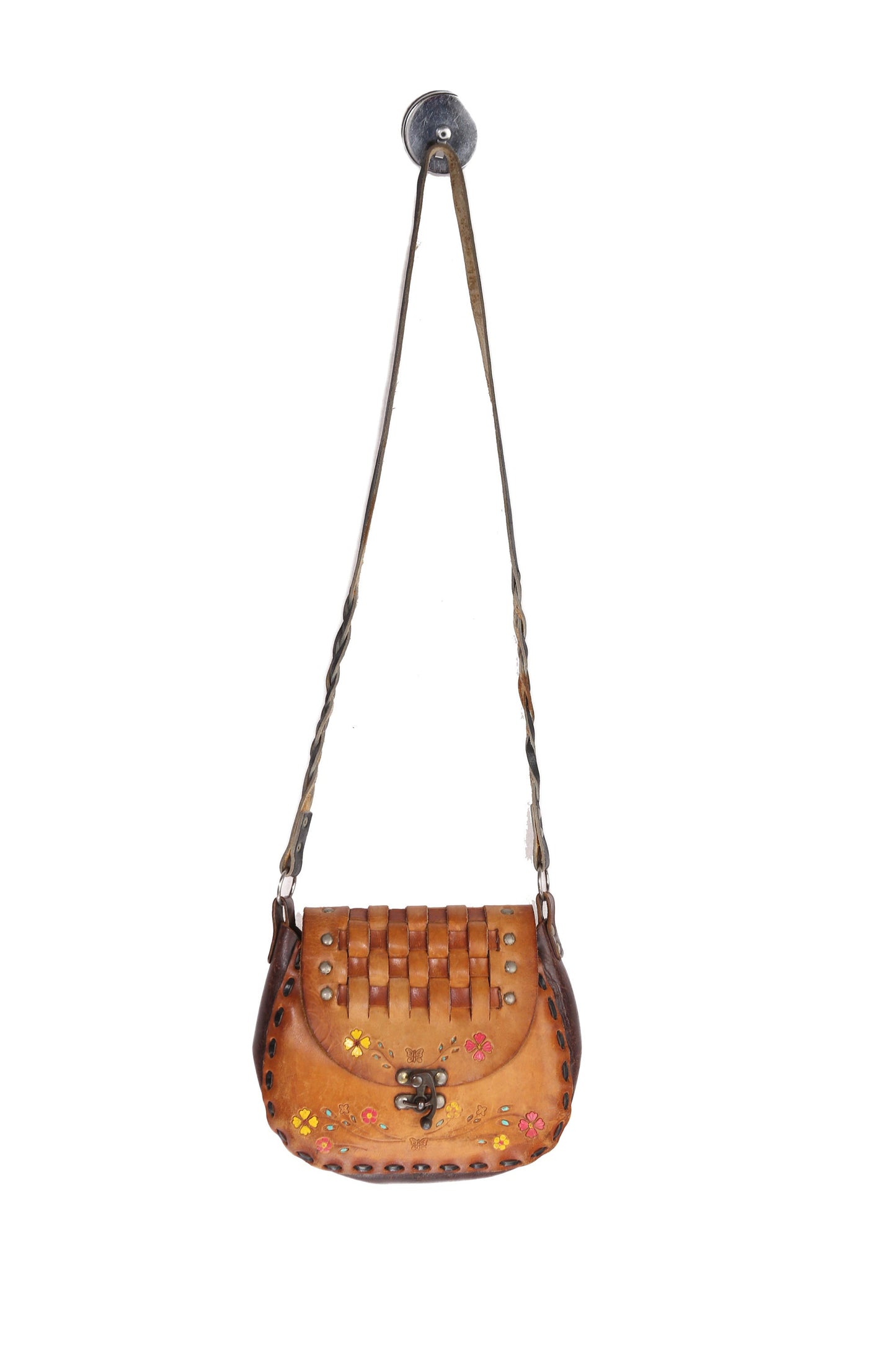 Vintage Tooled Handmade Leather Bag with Floral Designs - Est Era 1970's - 1980's