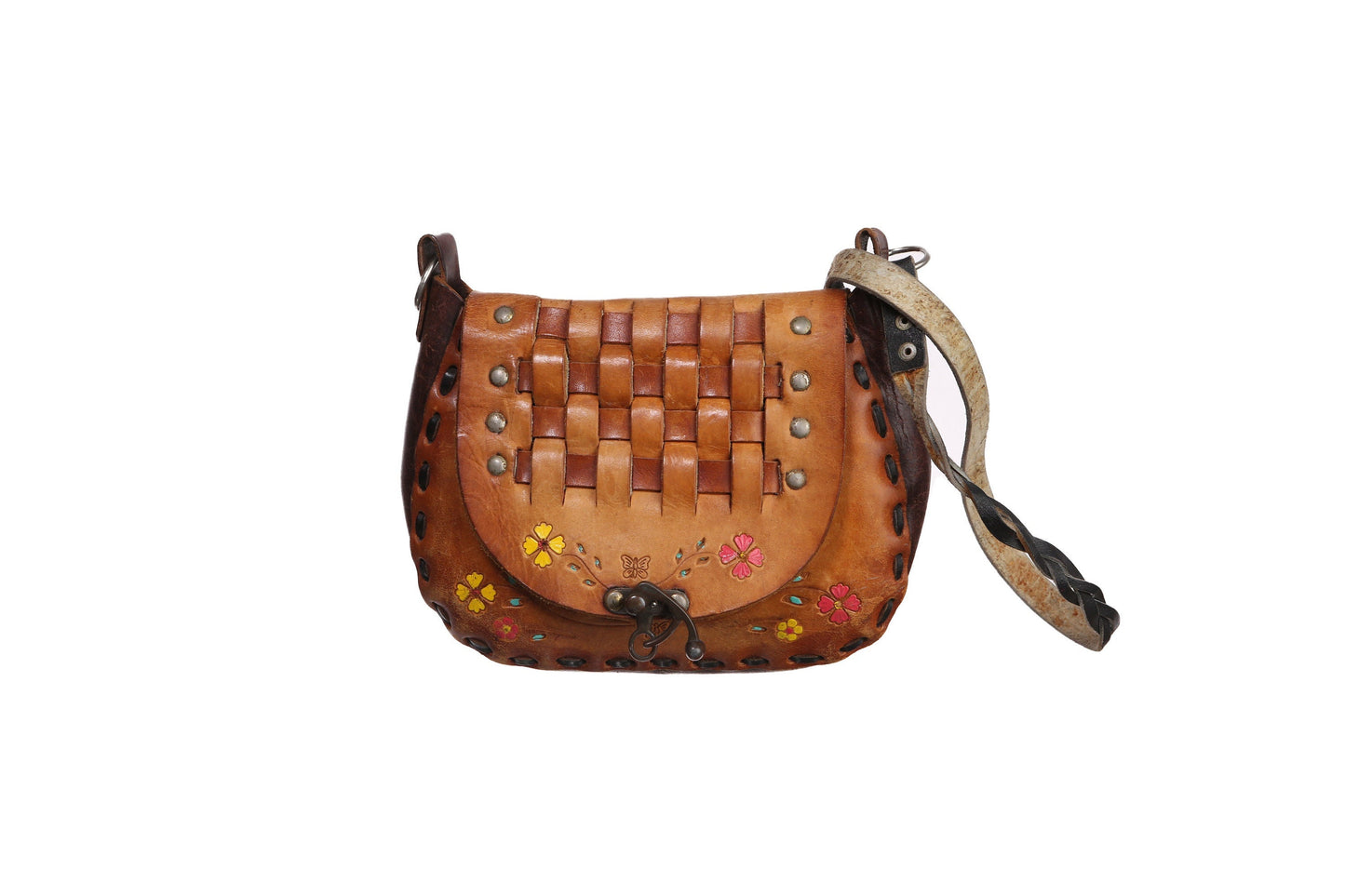 Vintage Tooled Handmade Leather Bag with Floral Designs - Est Era 1970's - 1980's