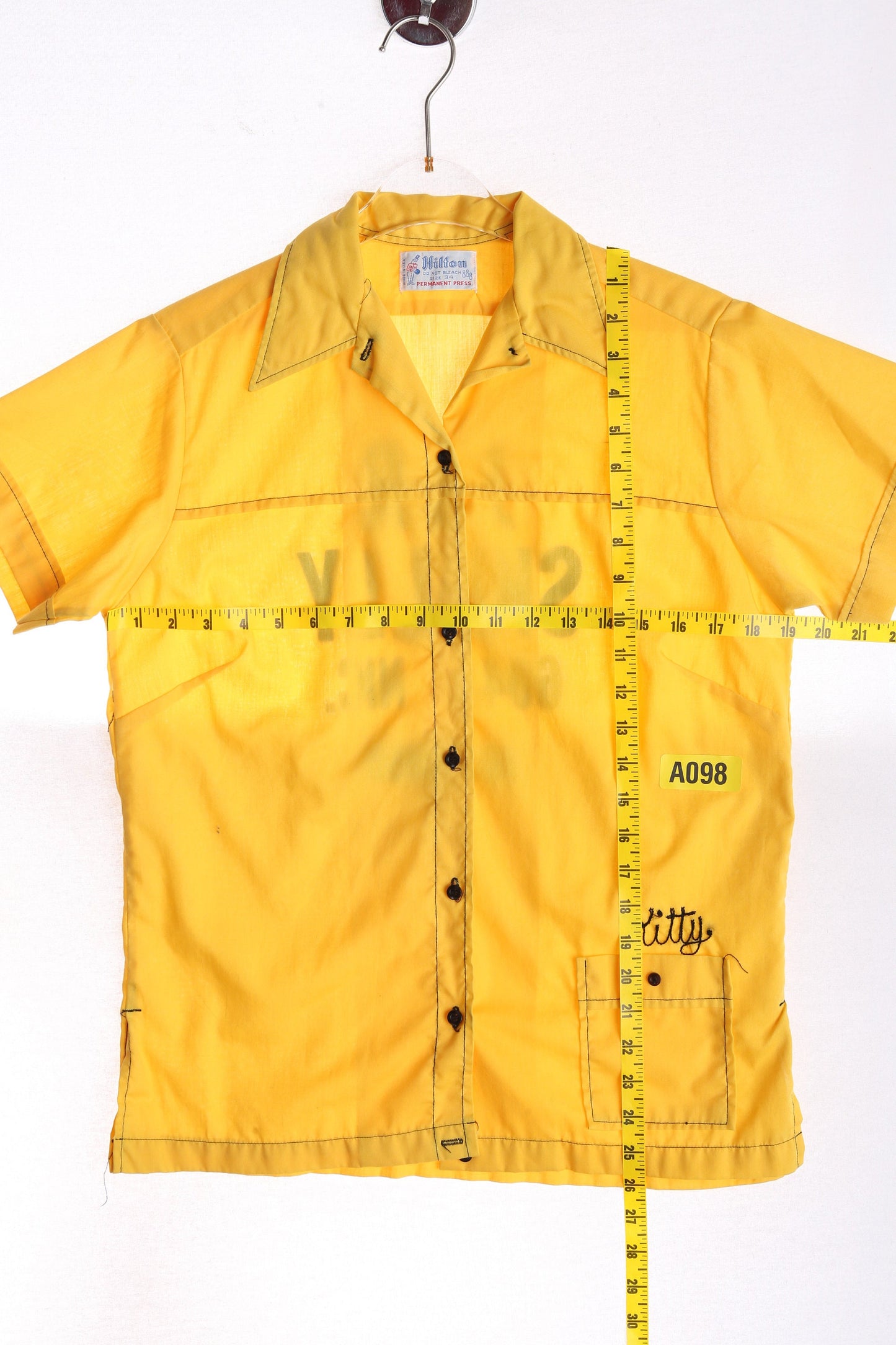 Vintage Women's Yellow Bowling Shirt with J & R skelly Print by Hilton - Made in USA