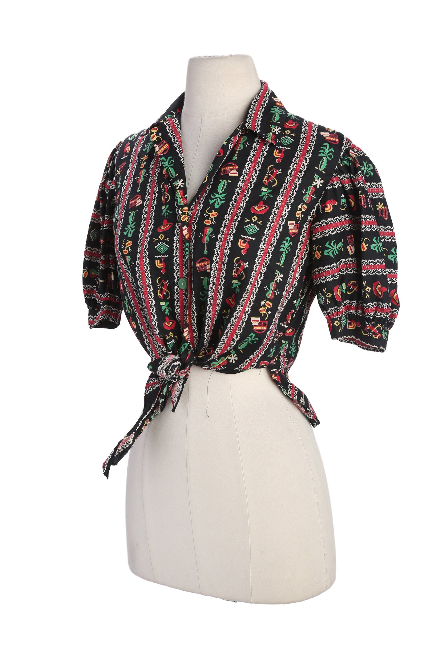Vintage Women Cotton Short Sleeve Mexican Fiesta Print Button Up Blouse - Estimated Era 1940s - 1950s