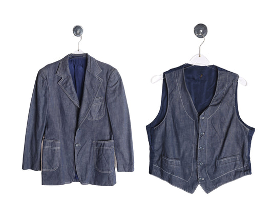 Men's Blue Denim Blazer and Vest Set - Estimated Era 1970's - 1980's