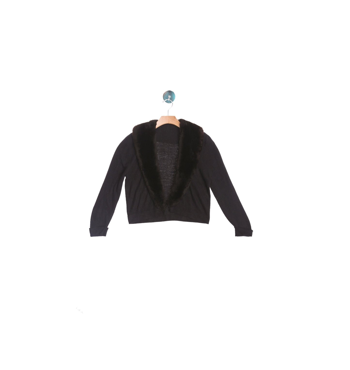 Vintage Black Women Cardigan Sweater with Faux Fur Collar