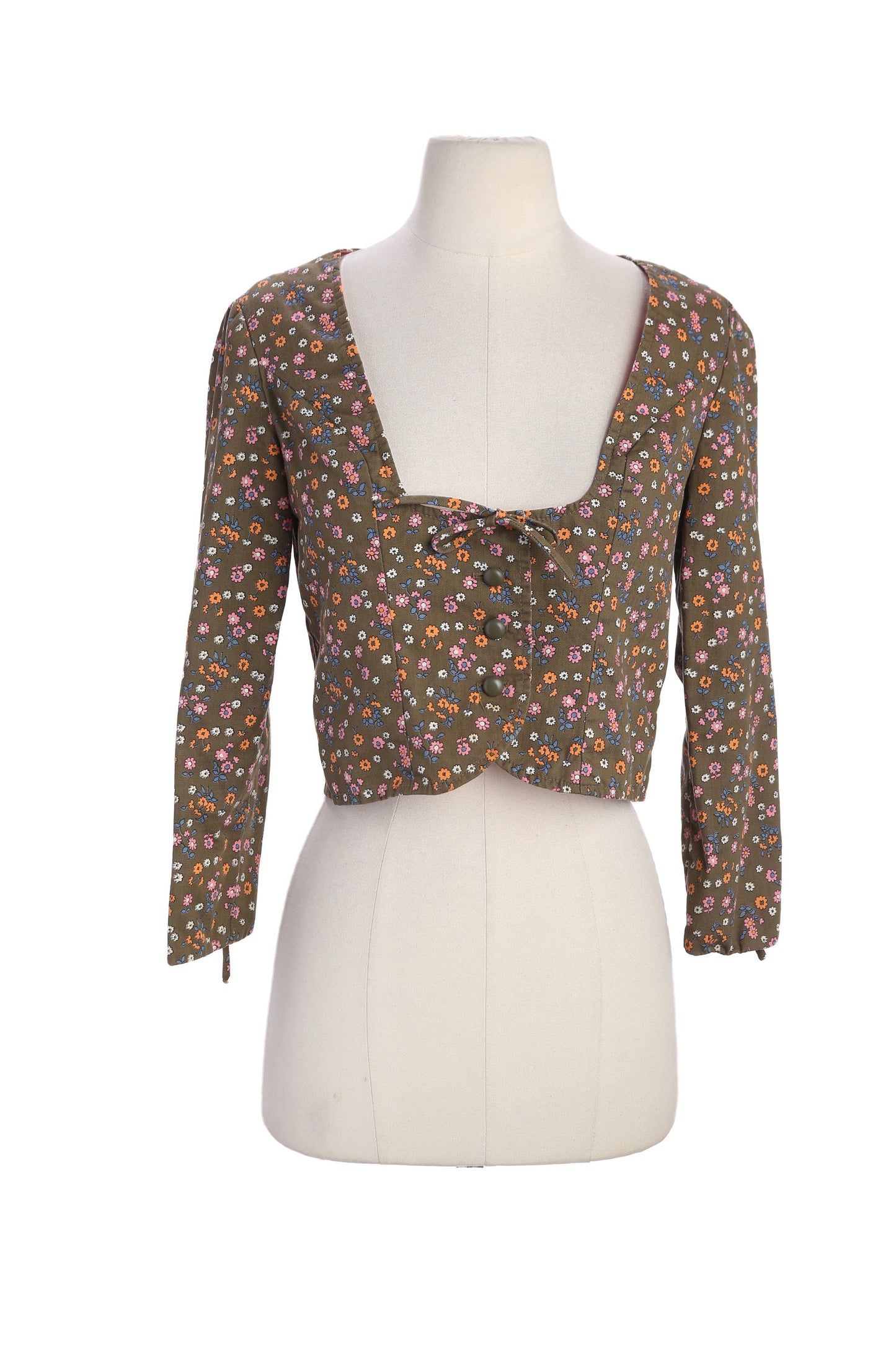 Vintage Women Floral Print Brown Longs Sleeve Top by Garey Petite Juniors - Est Era 60s - 70s