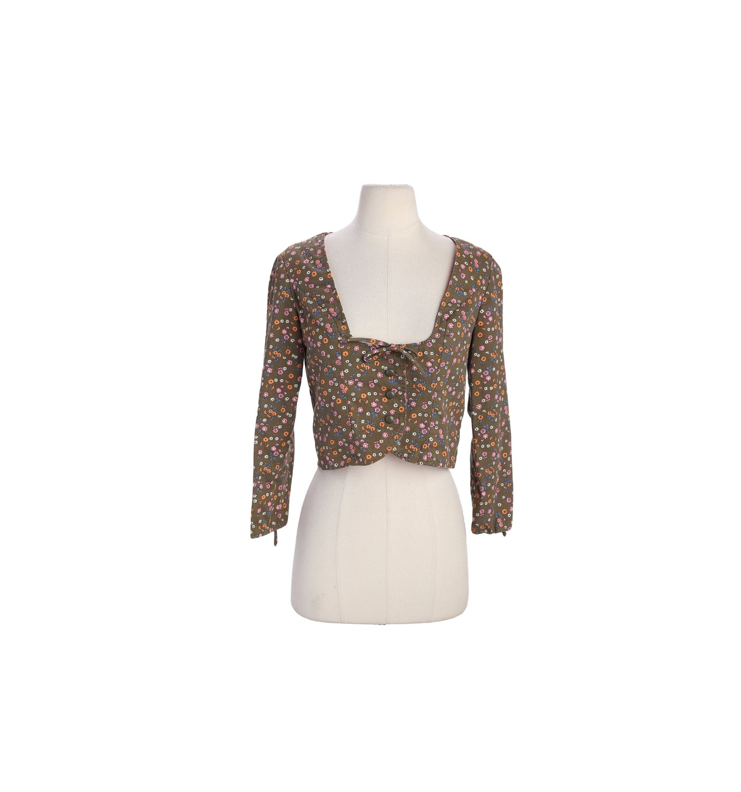 Vintage Women Floral Print Brown Longs Sleeve Top by Garey Petite Juniors - Est Era 60s - 70s