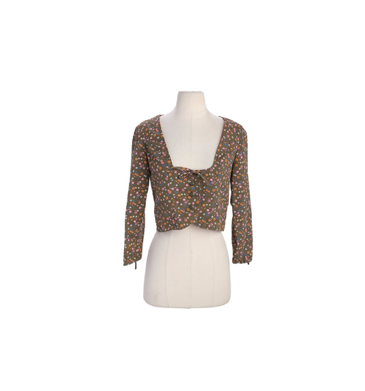 Vintage Women Floral Print Brown Longs Sleeve Top by Garey Petite Juniors - Est Era 60s - 70s