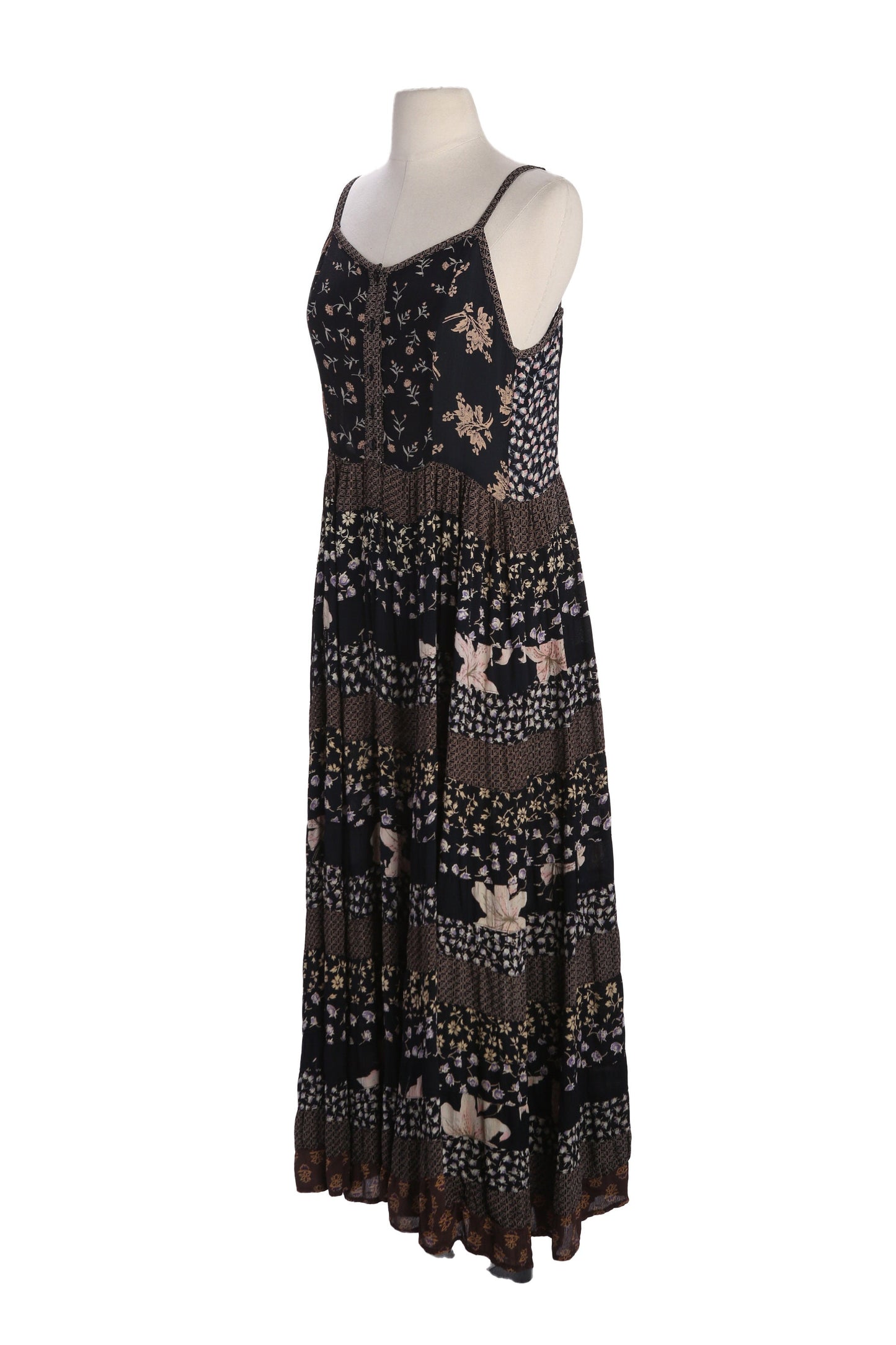 90s Women Black Floral Print Sleeveless Maxi Summer Rayon Dress - Made in India by Her Style