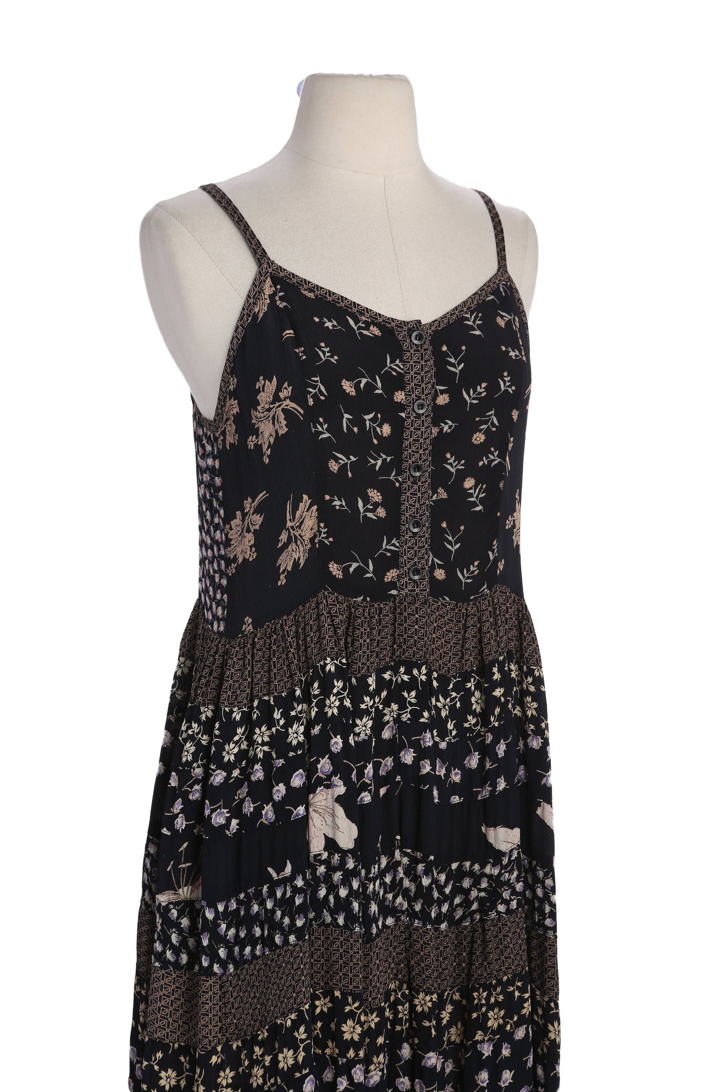 90s Women Black Floral Print Sleeveless Maxi Summer Rayon Dress - Made in India by Her Style