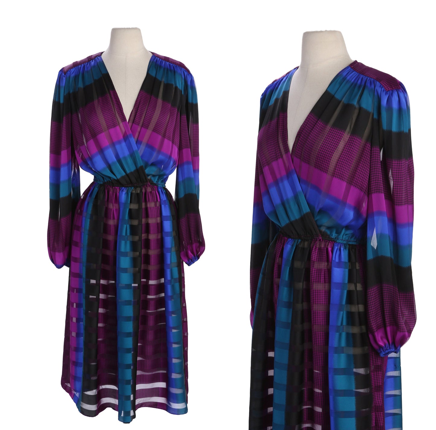 80s Women Evening Polyester Long Sleeve Multicolor Striped Pattern evening Dress