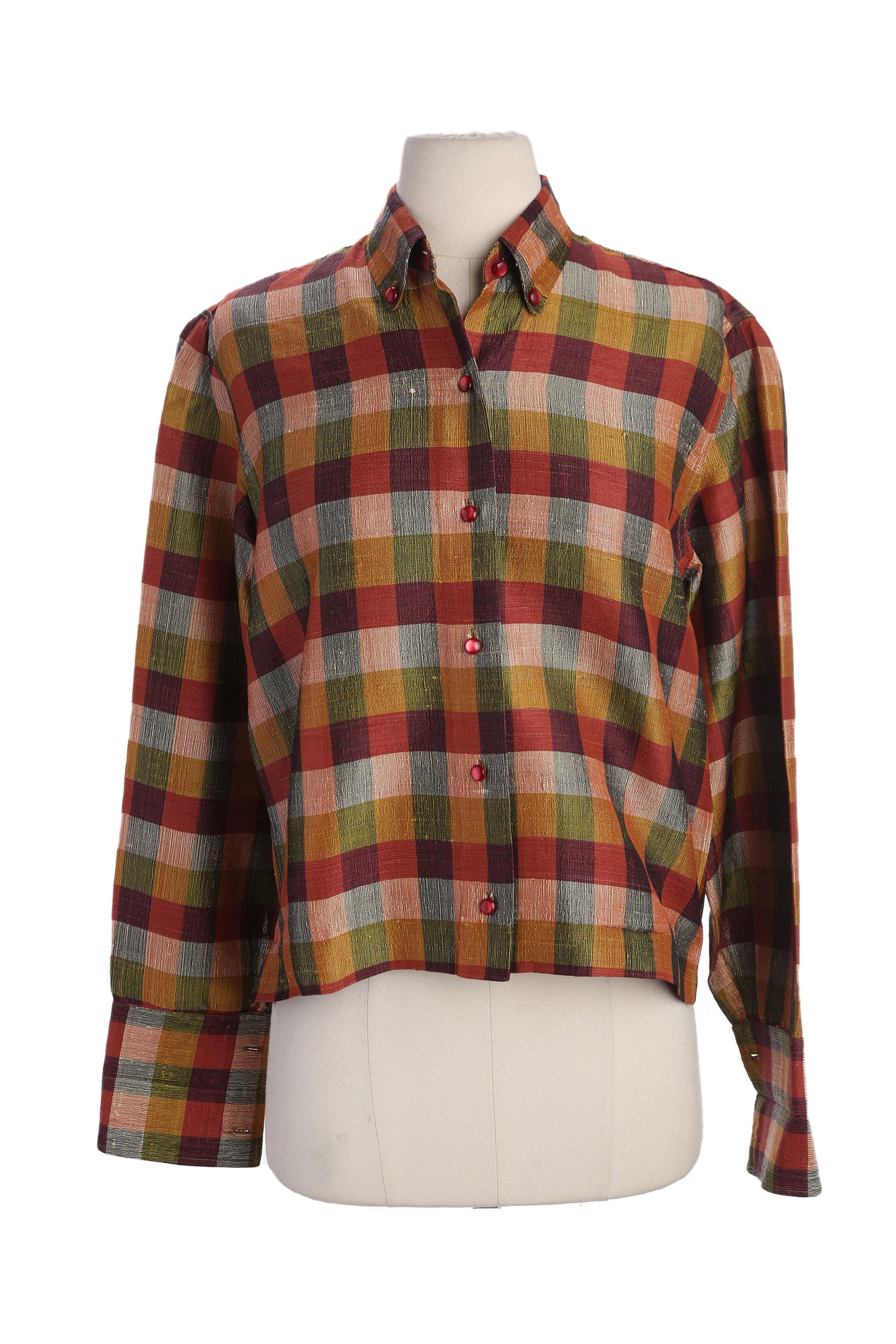 Vintage Women's Plaid Long Sleeve Button Up High Waist Top - Hand Loomed in New Delhi India