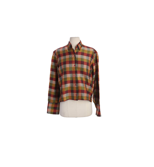 Vintage Women's Plaid Long Sleeve Button Up High Waist Top - Hand Loomed in New Delhi India