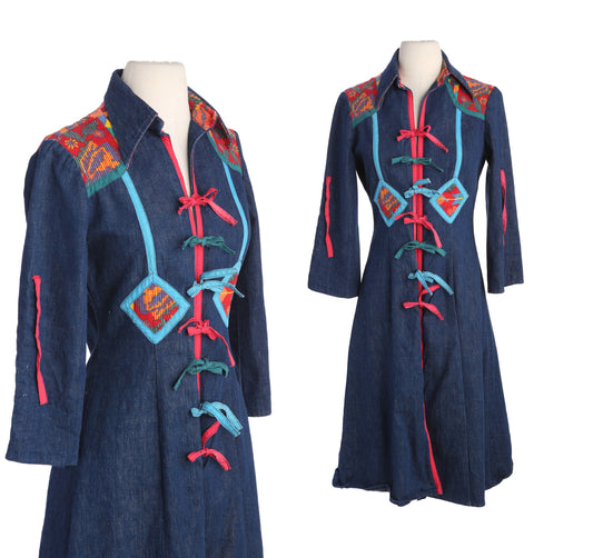 70s Women Blue Denim Long Sleeve Dress by OOPS California