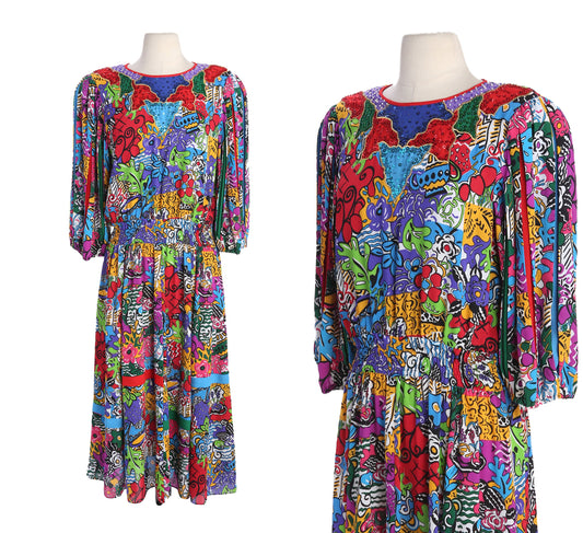 Vintage Diane Fries Long Sleeve Multicolor Crew Neck Casual Dress - Era 80s - 90s