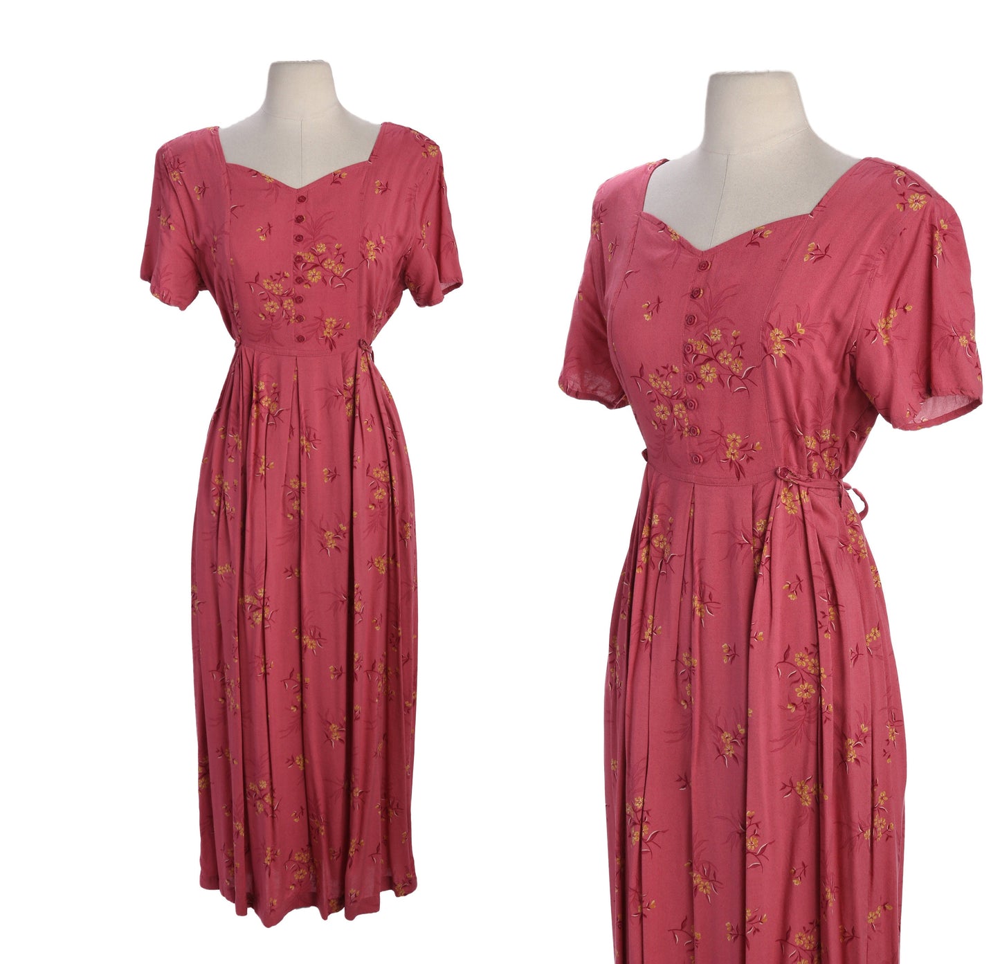 90s Women Red Floral Print Long Maxi Summer Rayon Dress with Waist Belt for  Multi-size Adjustment by Erika Studio