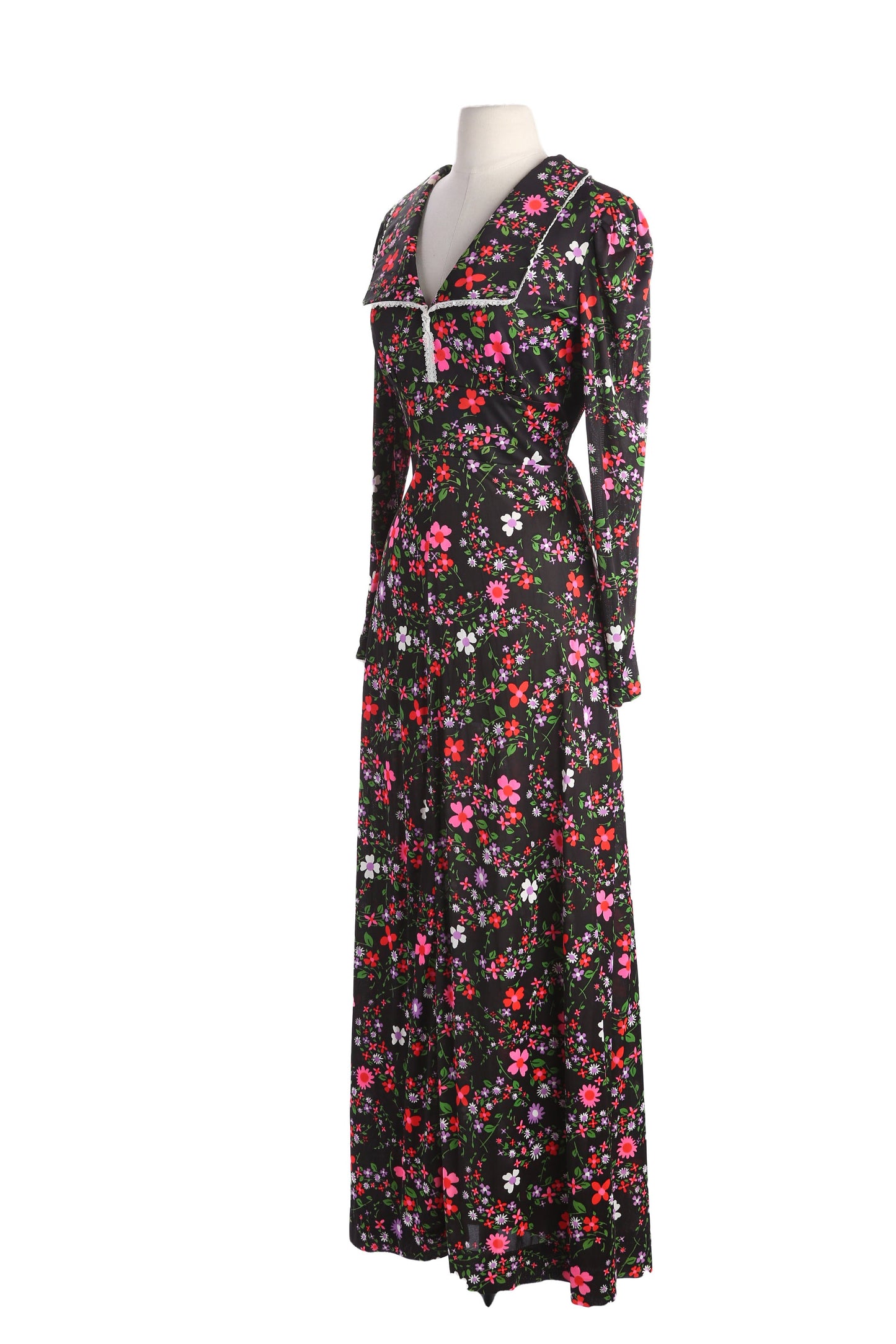 70s Floral Print Dress Long Sleeve with Squared Collar