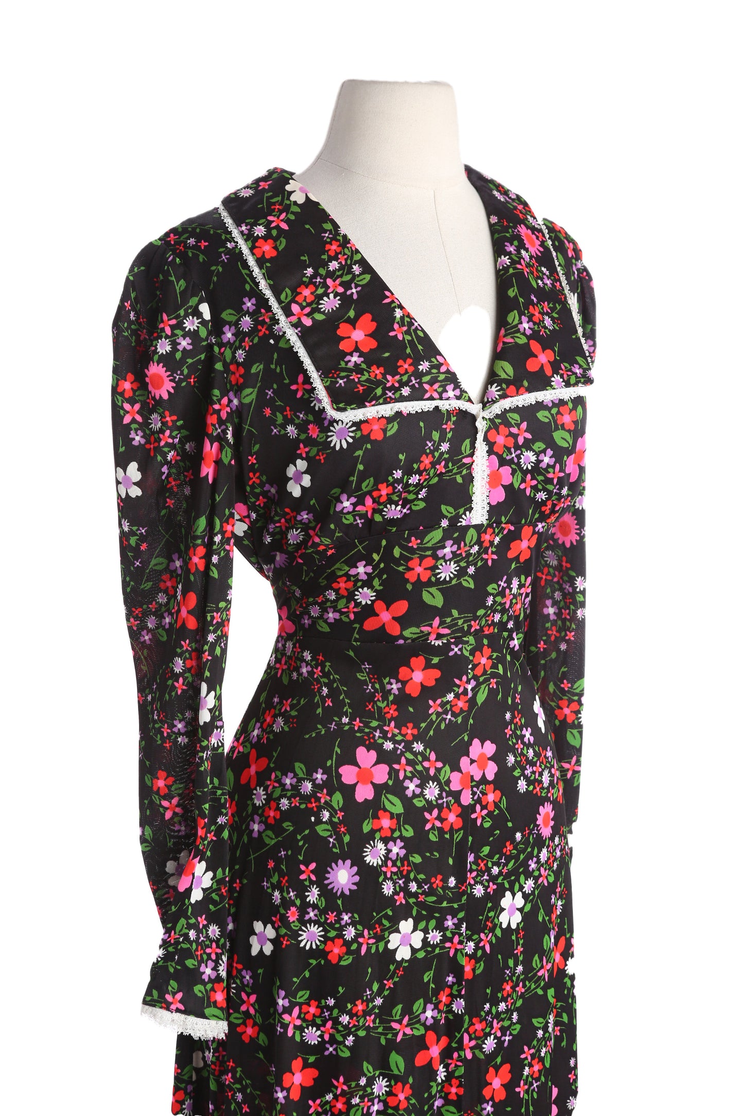 70s Floral Print Dress Long Sleeve with Squared Collar