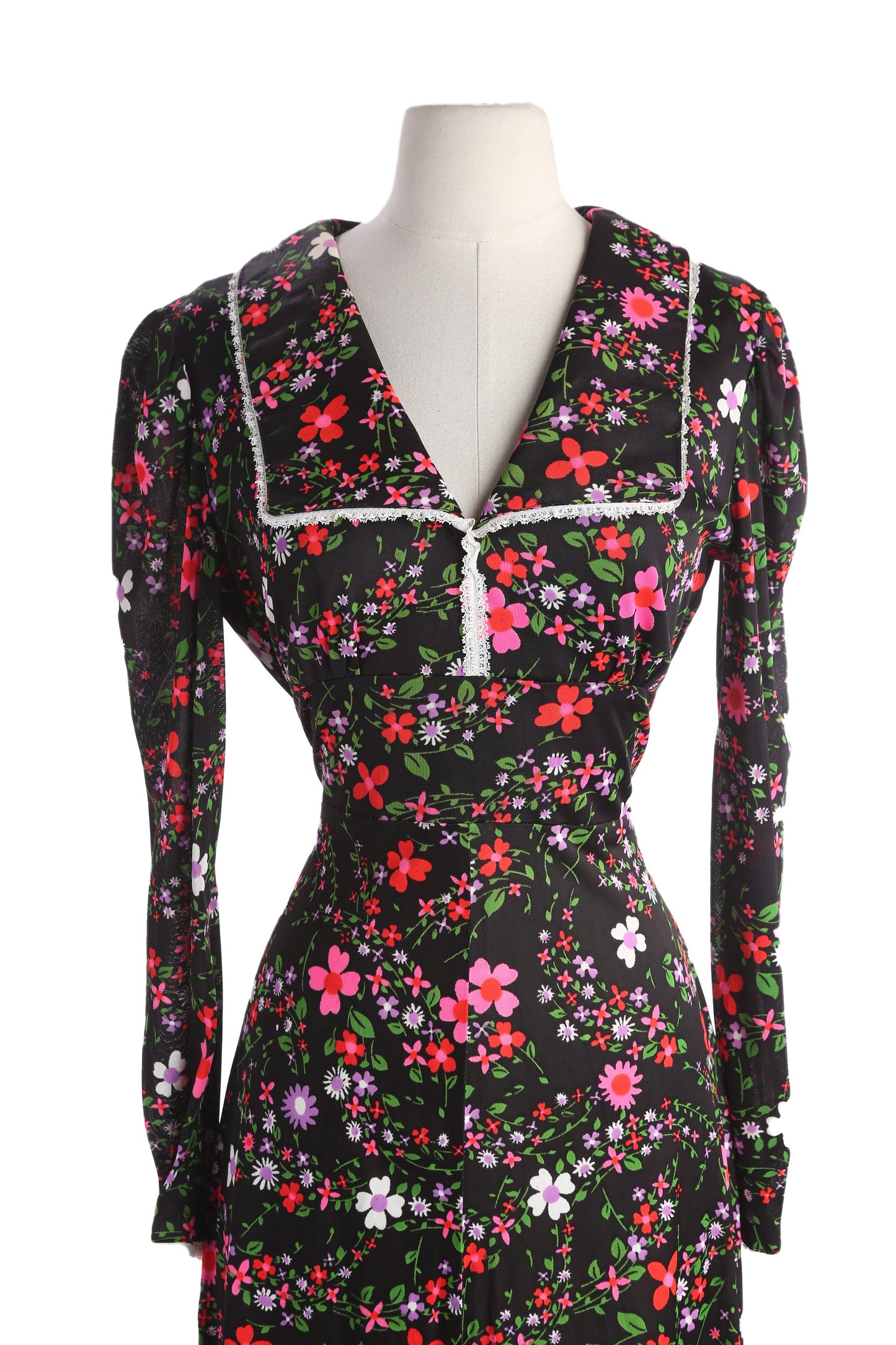70s Floral Print Dress Long Sleeve with Squared Collar