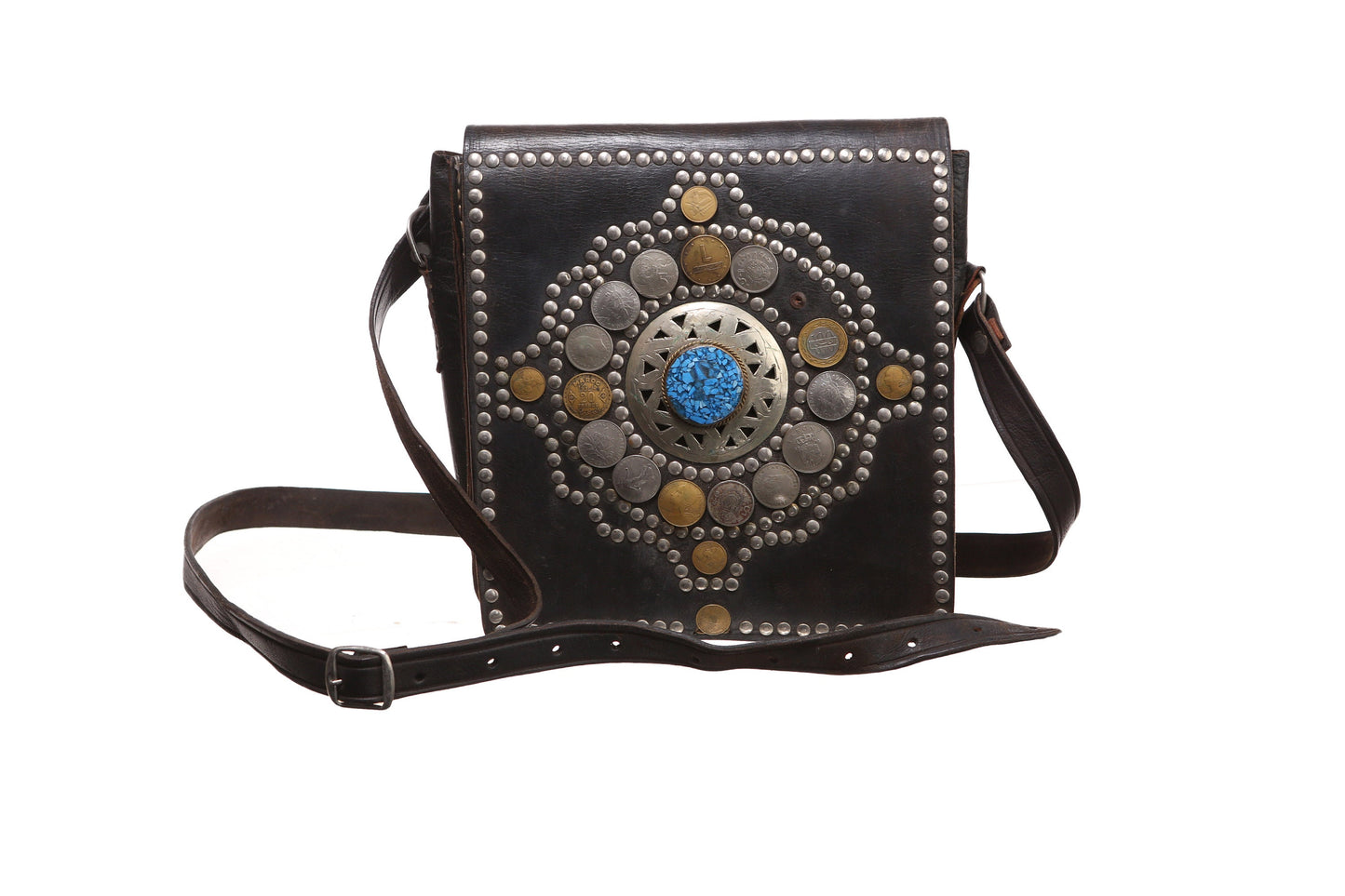 Vintage Leather Bag with Maroc Franc Studded Coins - Est Era 1970's - 1980's