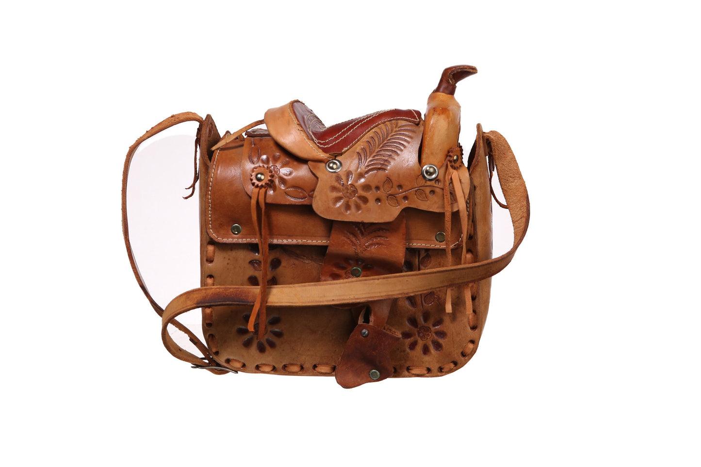 Vintage Tooled Leather Bag with Horse Saddle Design - Est Era 1970's - 1980's