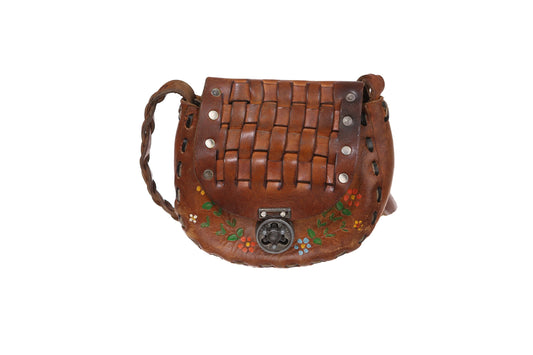Vintage 70s Tooled Leather Bag with Floral Designs