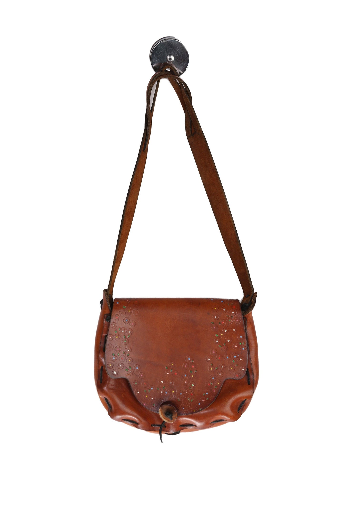 Vintage Tooled Leather Bag with Floral Designs - Est Era 1970's - 1980's