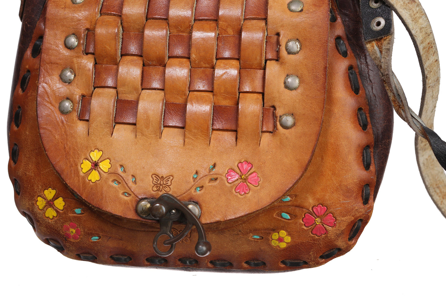 Vintage Tooled Handmade Leather Bag with Floral Designs - Est Era 1970's - 1980's