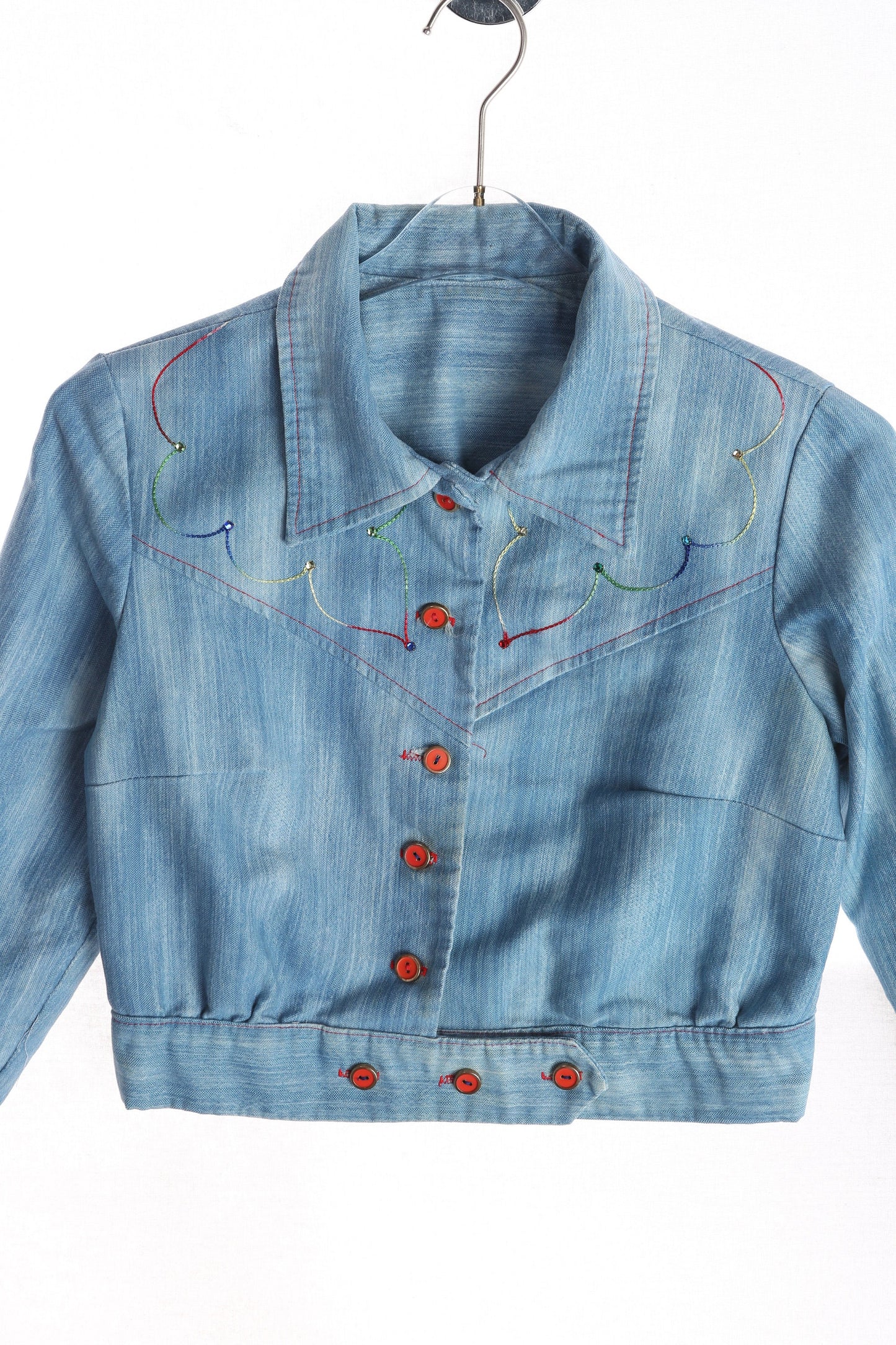 70s Women high Waist Blue Button up Jacket with Front Embroidered Details
