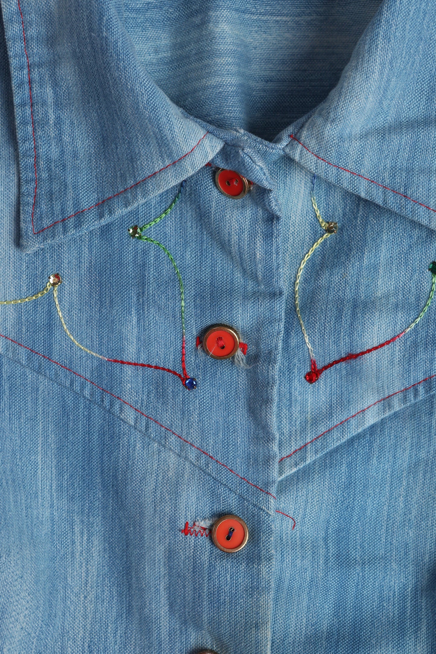 70s Women high Waist Blue Button up Jacket with Front Embroidered Details