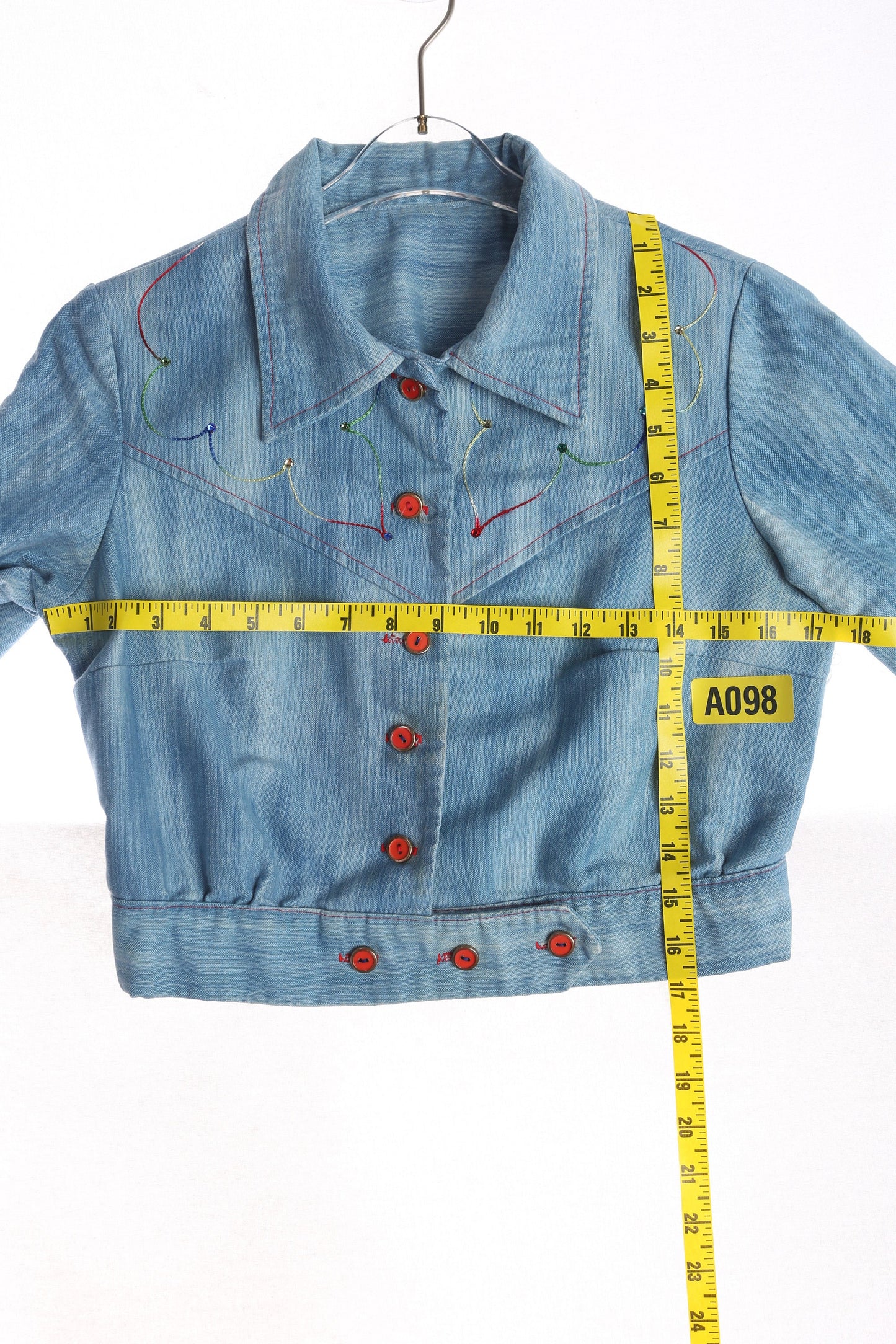 70s Women high Waist Blue Button up Jacket with Front Embroidered Details