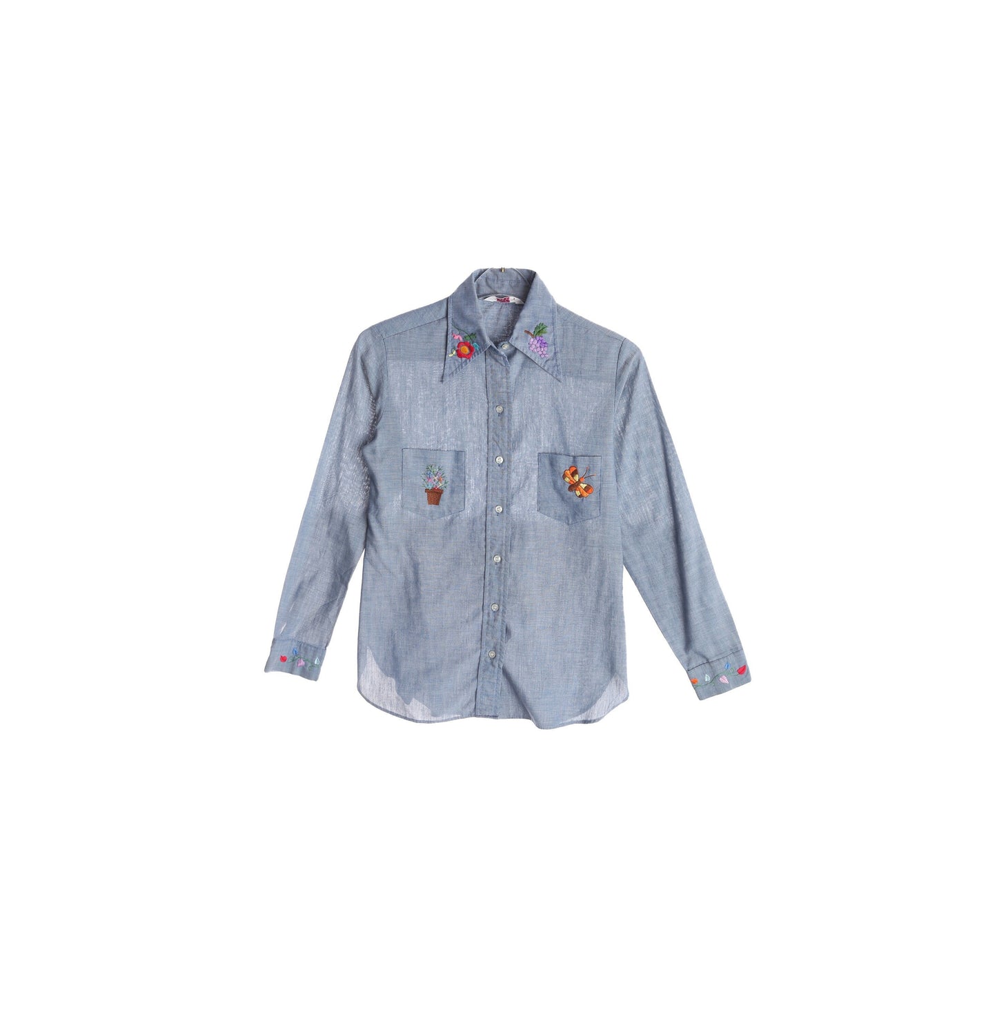 Vintage Women Blue Flower Embroidered Shirt by Wrangler - Est Era 70s - 80s