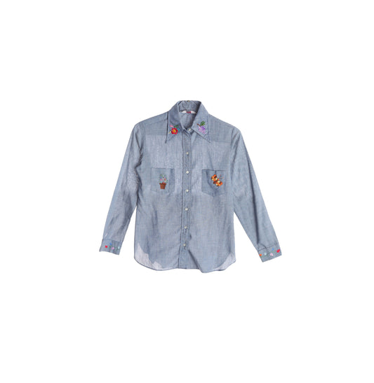 Vintage Women Blue Flower Embroidered Shirt by Wrangler - Est Era 70s - 80s