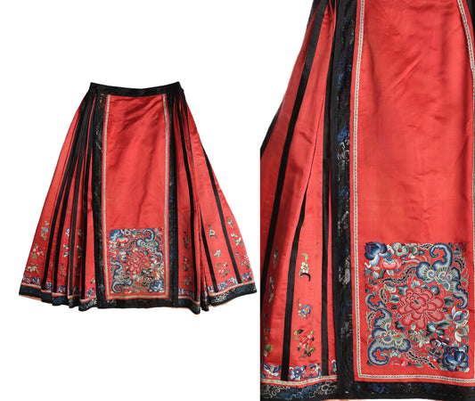 Vintage Chinese Red Skirt with Floral Embroidery